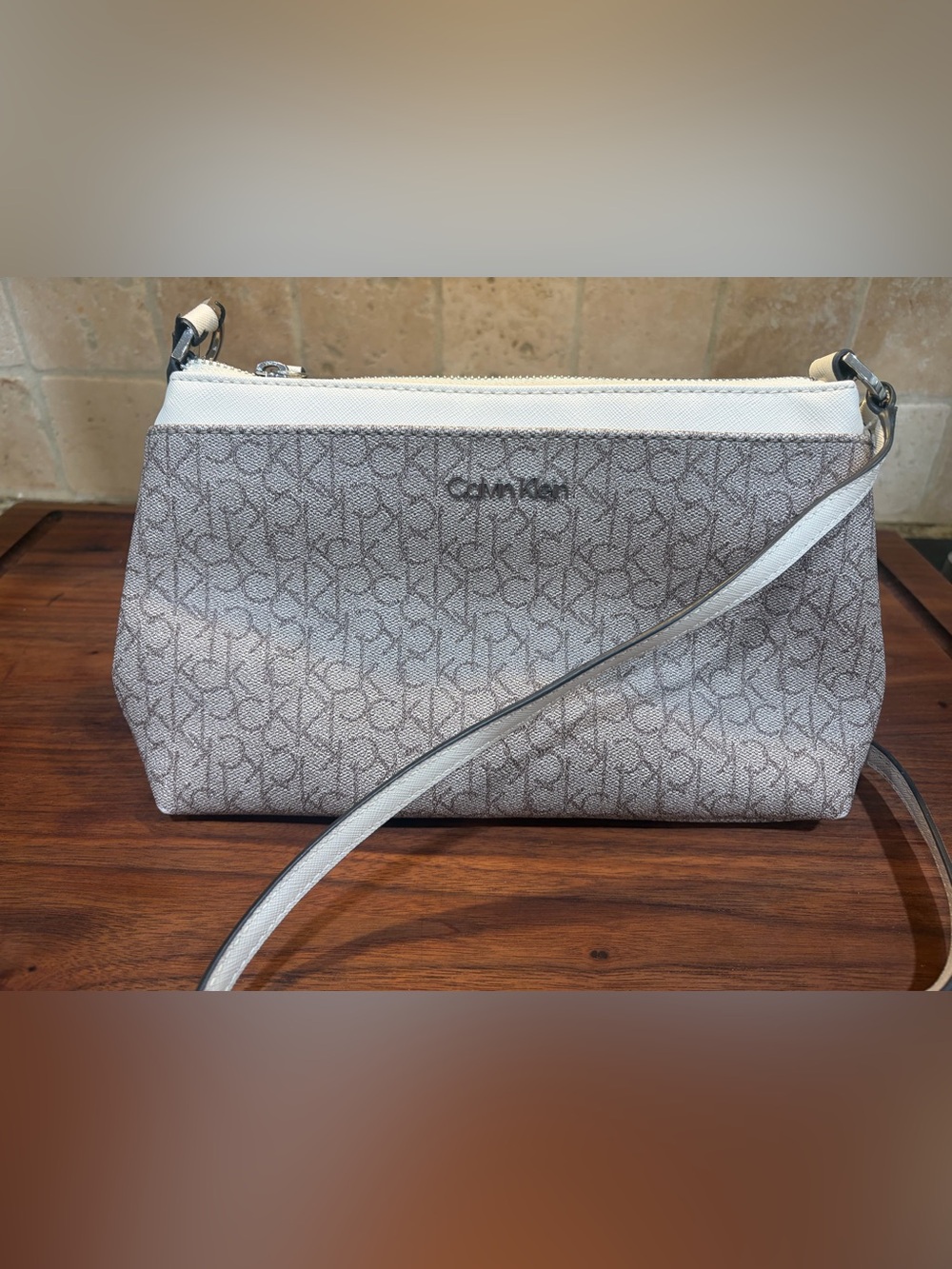 Calvin Klein Signature Monogram Crossbody Bag White Grey Silver Hardware CK
